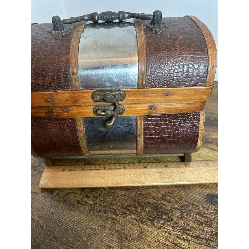 Vintage Treasure Chest Wooden Faux Croc Metal Accent Trinket Box Decorative